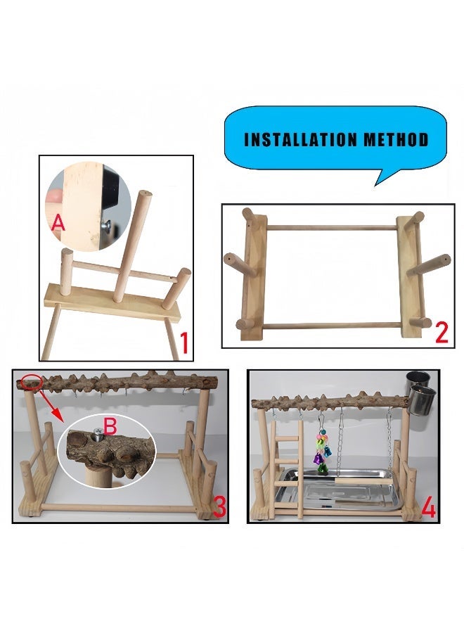 Bird Perch Wooden Exercise Play Perch Gym, Bird Cage Accessory with Removable Tray and 2 Stainless Steel Cups, Ladder Hanging Swing, Suitable for Pet Budgies, Eros Bird Life Activity Center Training Rack - Image 3